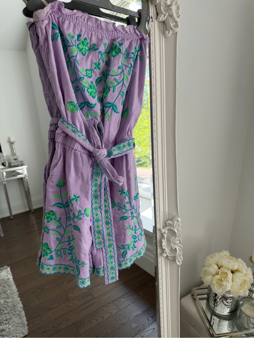 Lavender Embroidered Strapless Romper with Green Floral Detail
